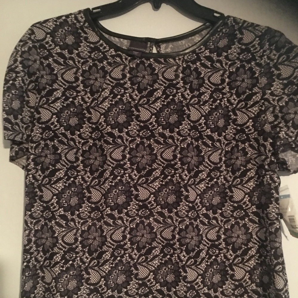 Black lace print blouse with “leather” detailing
